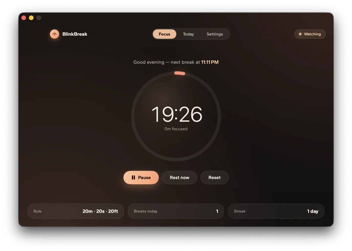 The BlinkBreak app window on the Focus tab: a warm circular timer counting down to the next break, with Pause, Rest now and Reset buttons and stat cards for the 20-20-20 rule, breaks today and streak.