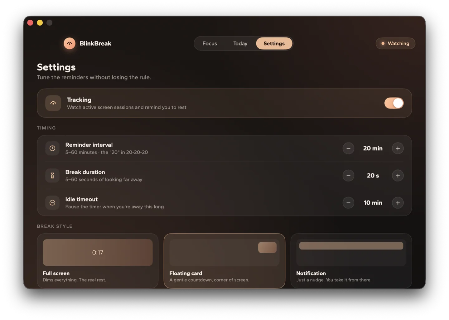 The Settings tab with a tracking toggle, steppers for reminder interval, break duration and idle timeout, and three break style cards.