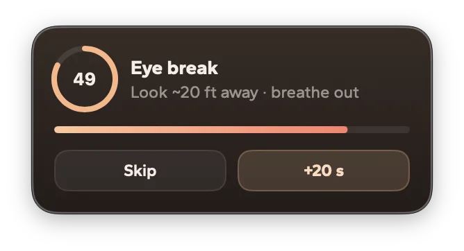 The floating break card: a small always-on-top panel with a countdown ring, a progress bar, and Skip and +20s buttons.