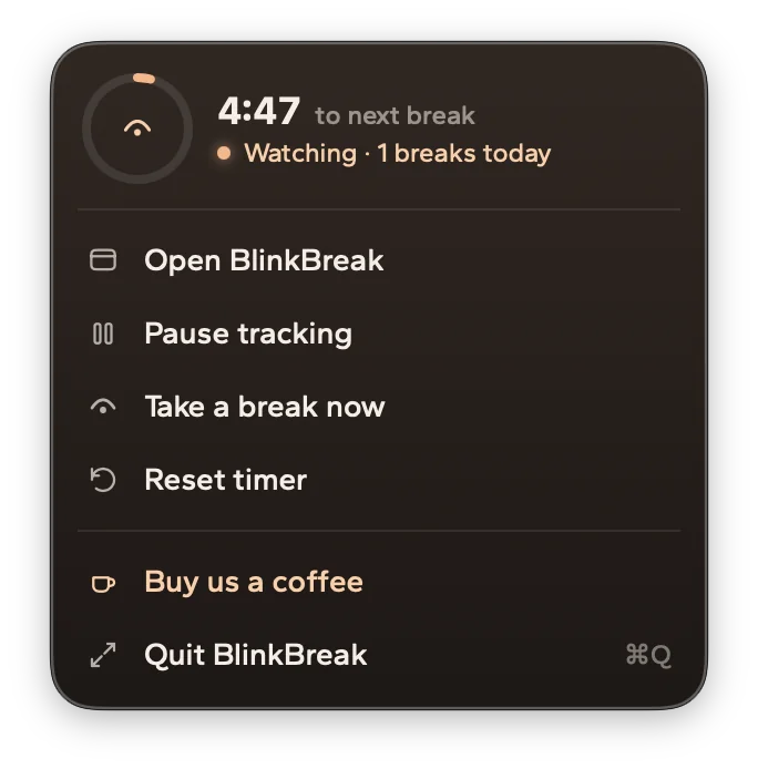 The menu bar popover showing 4:47 to the next break, with actions to open BlinkBreak, pause tracking, take a break now and reset the timer.